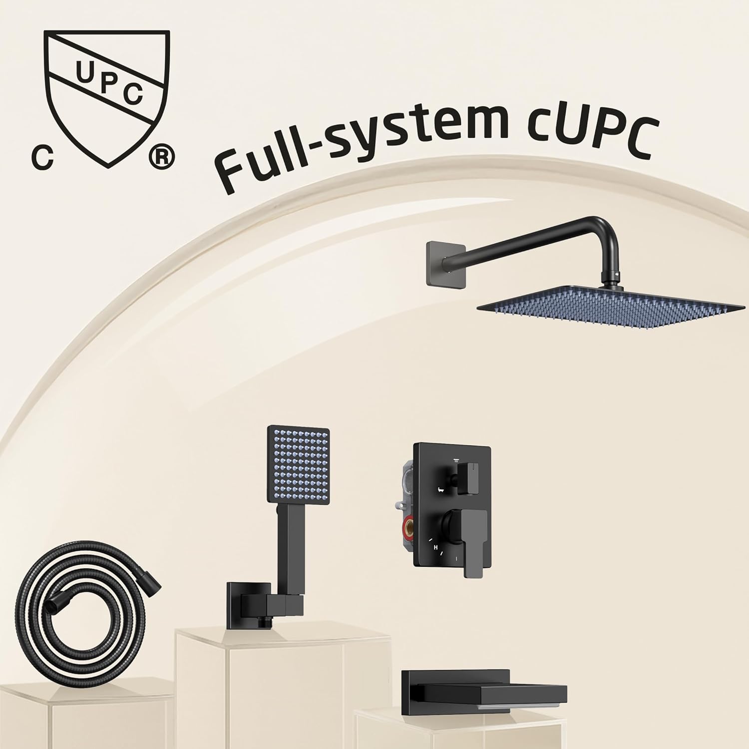 Components of the KES shower system including the shower head, handheld, valve, and tub spout.