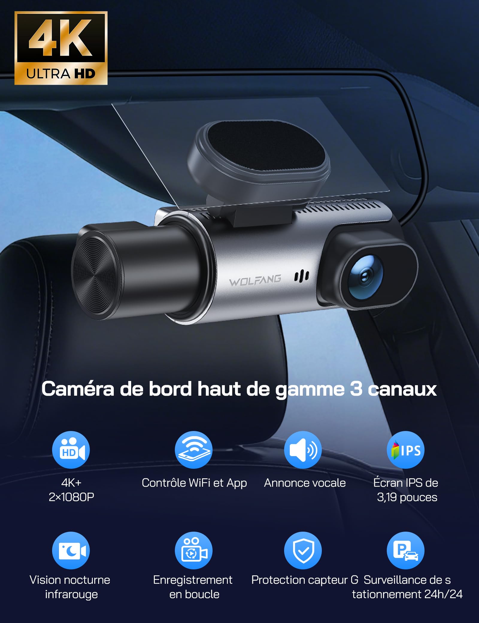 WOLFANG 4K Dashcam Voiture Avant Arrière, 3 Canaux Caméra de Bord avec 24H Mode Parking, WiFi & Application, G-Capteur, WDR, Vision Nocturne, Enregistrement en Boucle