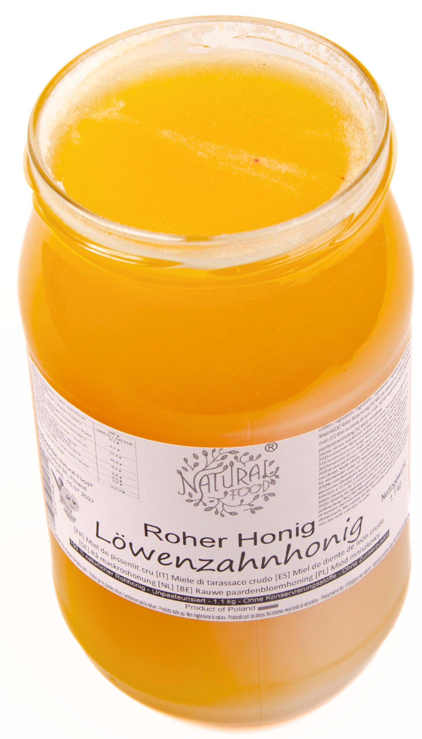 Natural Food - Miel cruda de diente de león, 100% natural y sin aditivos - Sin filtrar ni calentar - Recolectada directamente del apicultor - 11 KG - miel cruda 100% natural,