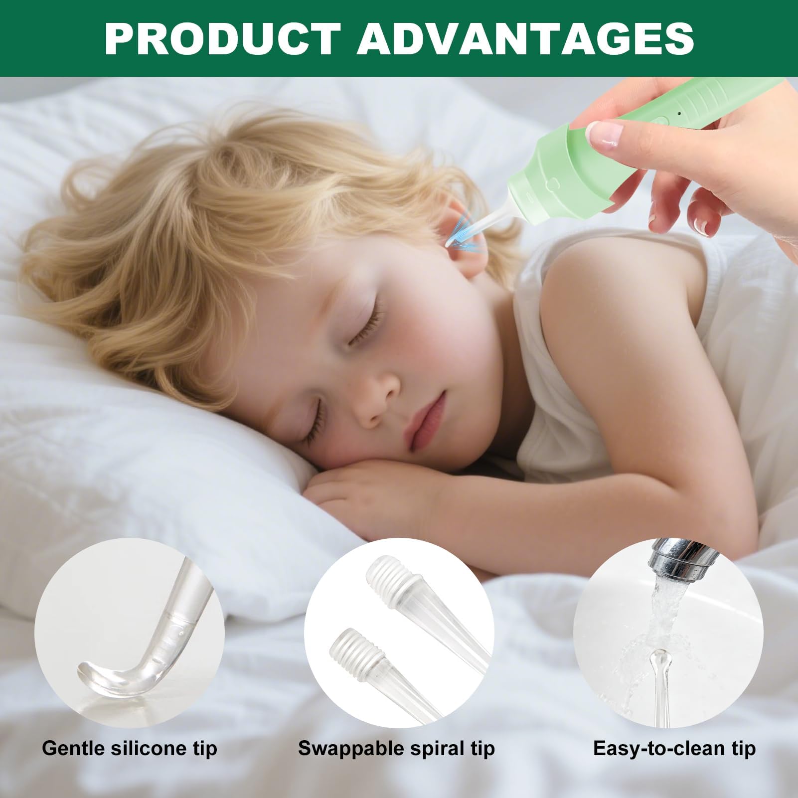 Limpiador de Oídos Eléctrico con Luz LED, Aspirador de Cera Oídos Verde, Kit de Extracción con 4 Cucharas de Repuesto, Removedor de Cera Portátil Suave y Seguro para Adultos y Niños