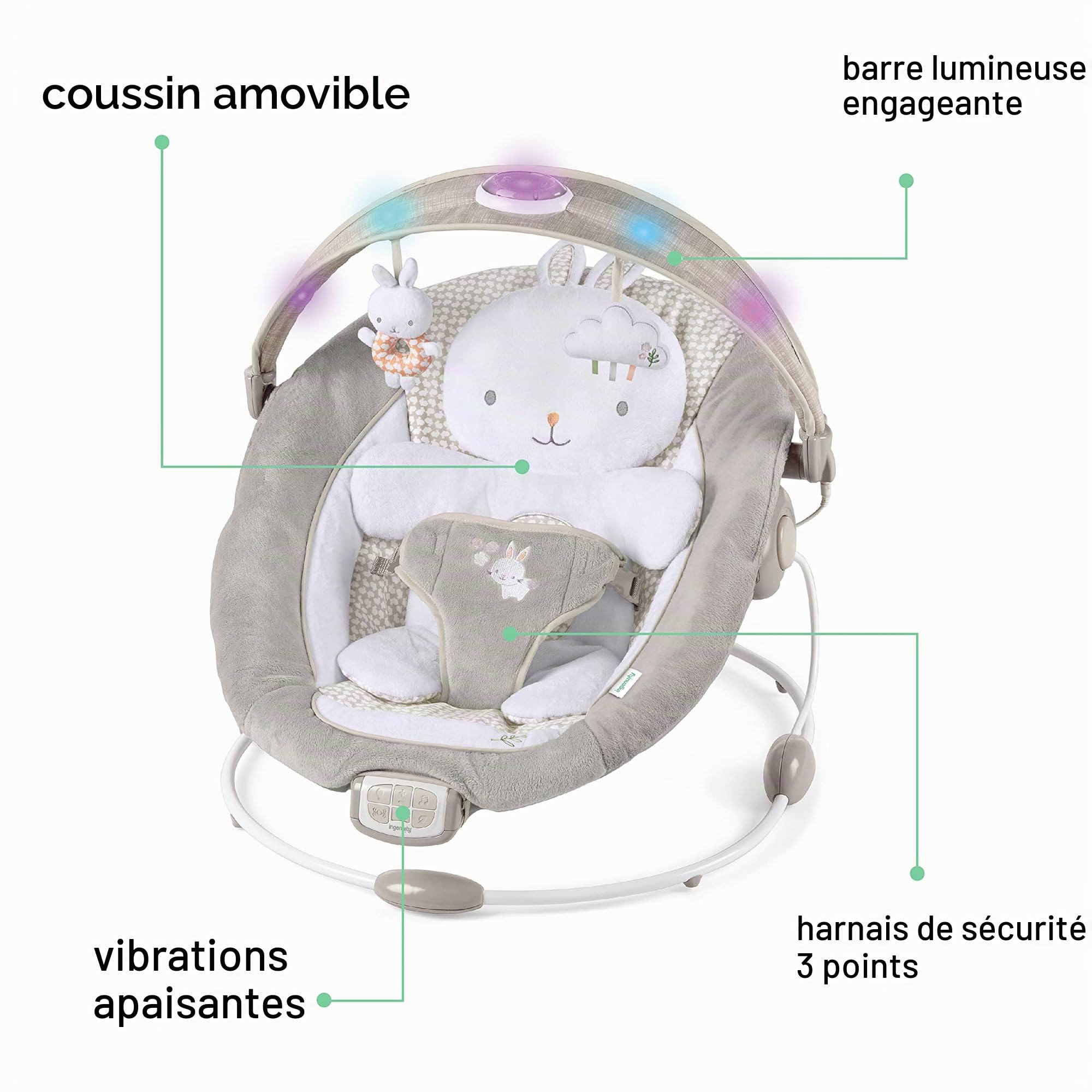 Ingenuity, Transat et Siège Sauteur - Twinkle Tails, 7 Mélodies et Vibrations Apaisantes, Arche de Lumière et Jeu Amovible, 2 Jouets D’activités, Ultra-Doux, Dès la Naissance à 9 kg
