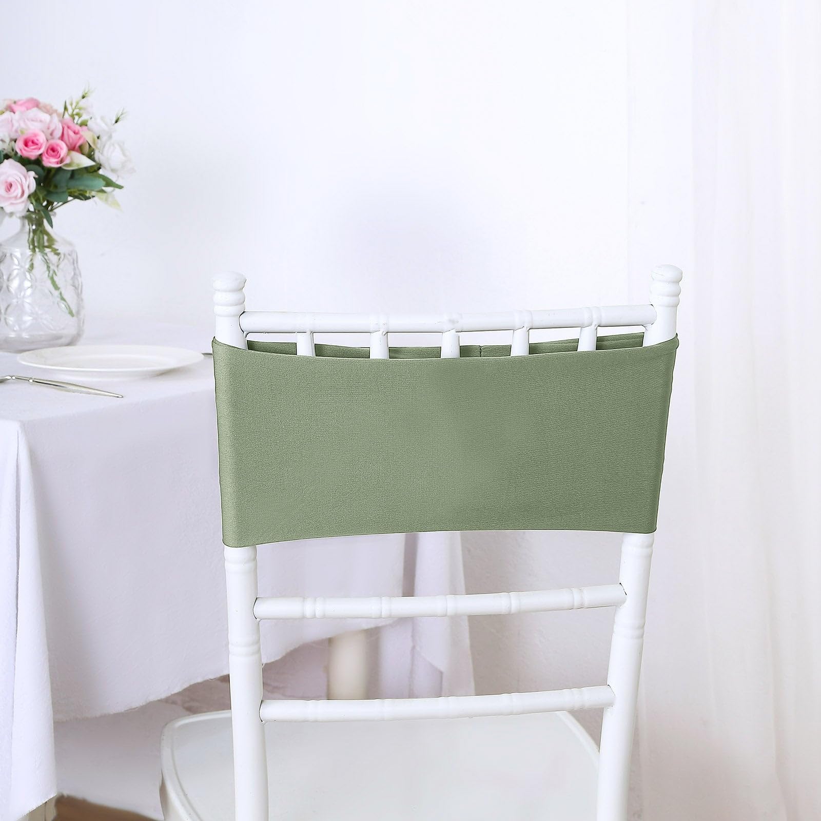 Tableclothsfactory 5pcs Eucalyptus Sage Green Spandex Chair Sash, Elastic Band Sashes Fitted Chair tie for Wedding Event Banquet Decor