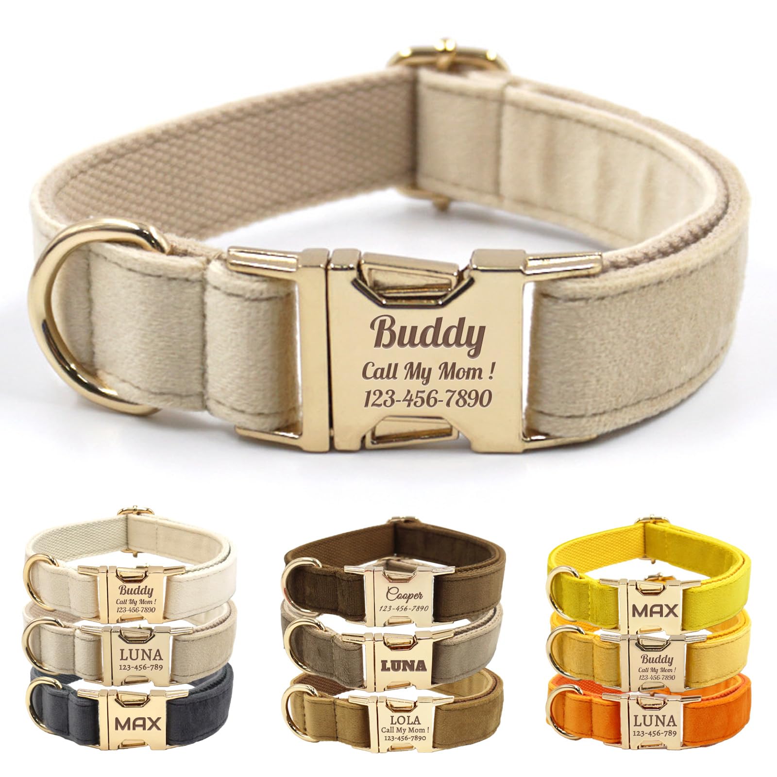 Collier personnalisé pour chien en velours beige avec boucle rapide pour balades L