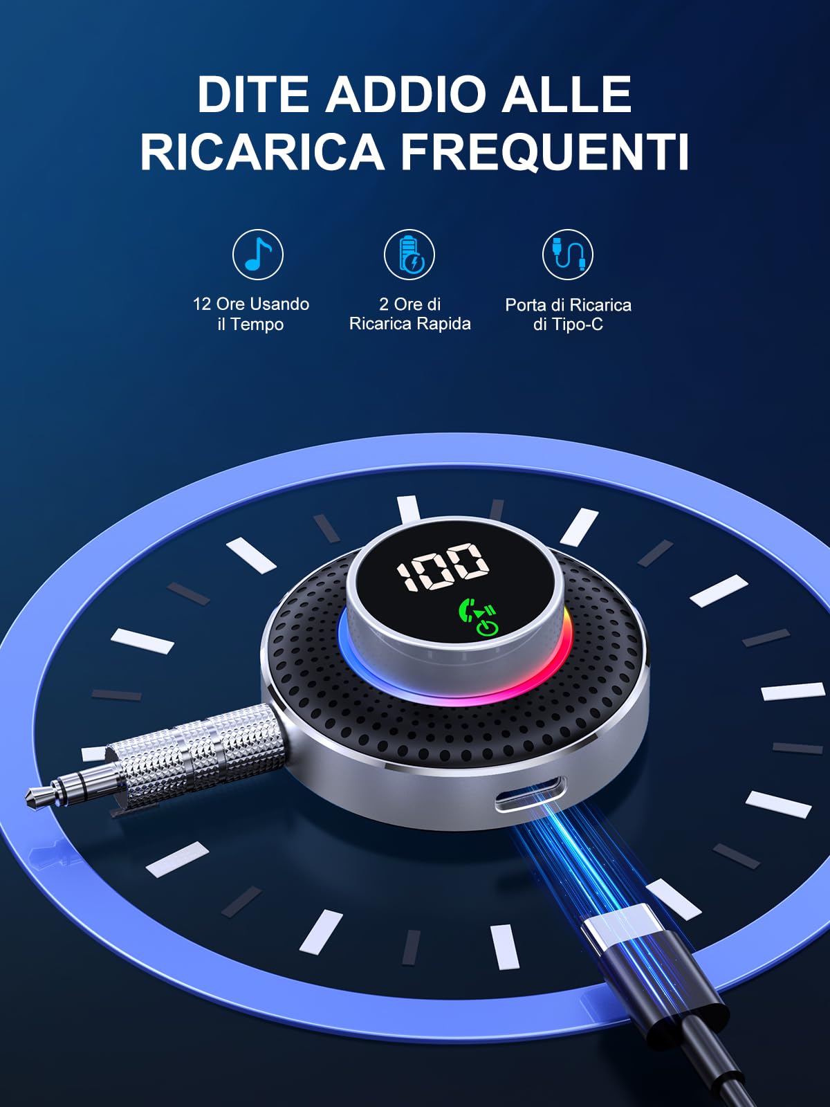 Glangeh Ricevitore Adattatore Bluetooth 5.3 Auto AUX, Pulsante Ingrandito e LED Schermo, con Jack 3,5mm, per Stereo/Altoparlante/Cuffie, HiFi, Chiamate in Vivavoce, Supporta Siri