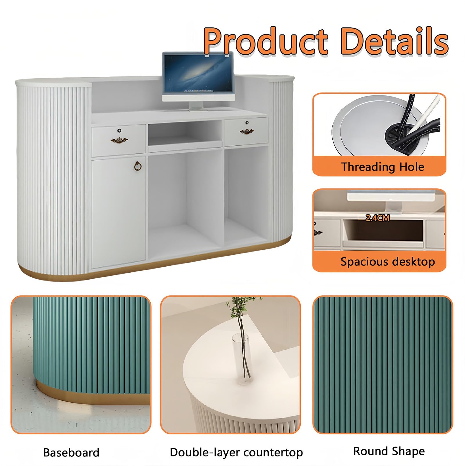 Scrivania moderna curva con serratura Ders – Slish bianco bancone ufficio per negozi di abbigliamento e caffetteria 200 x 60 x 100 cm Ele Recept Fur per aziende