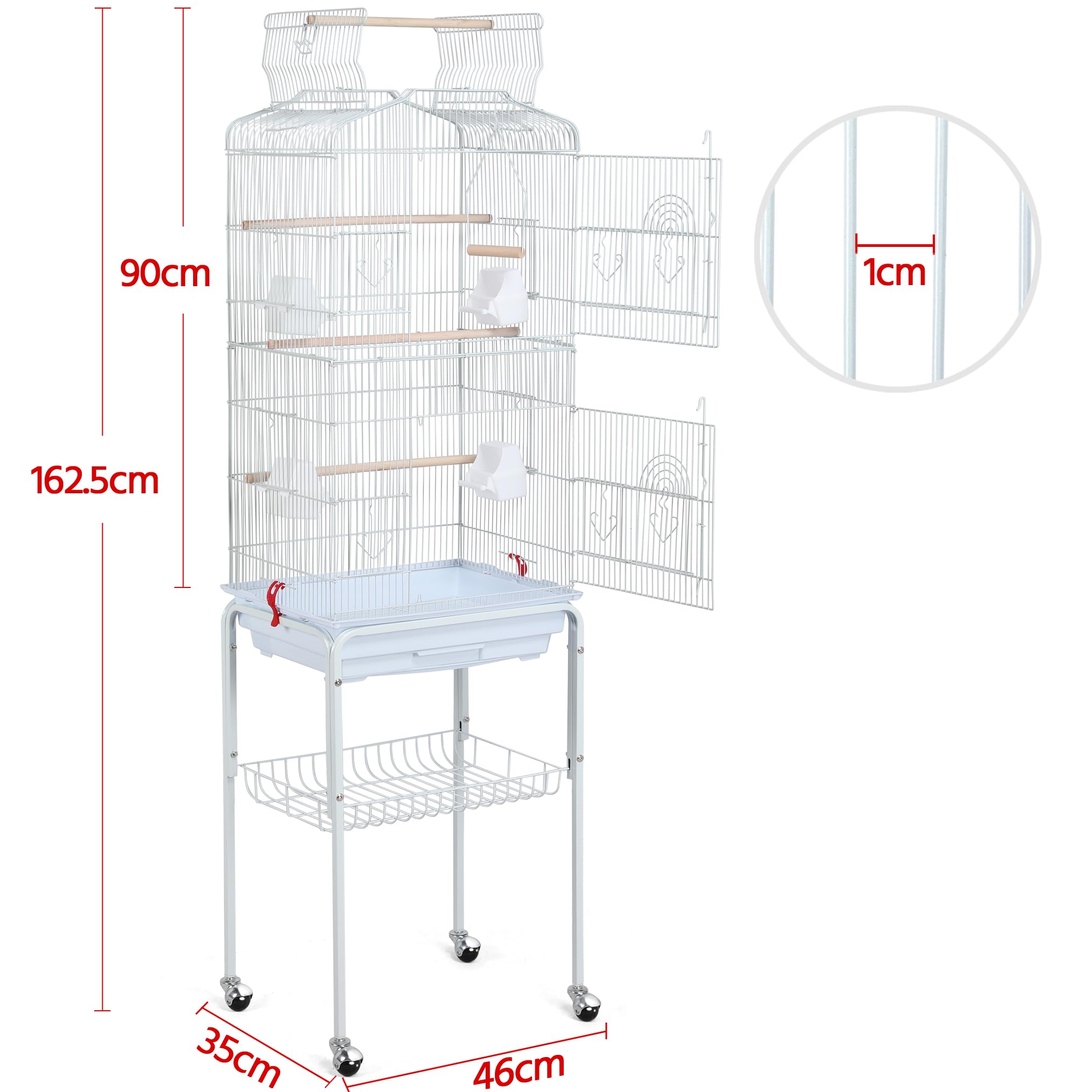 Yaheetech Gabbia Voliera per Uccelli Pappagalli Inseparabili Calopsite Parrochetti in Metallo con Piedistallo Ruote e Tetto Apribile 46 x 35,3 x 150,6 cm Bianca
