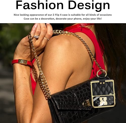 Miniatura 6 de Miimall Funda de cuero para Samsung Galaxy Z Flip 4 con soporte de anillo, cubierta trasera de cuero romboide de lujo, marco de galvanoplastia con