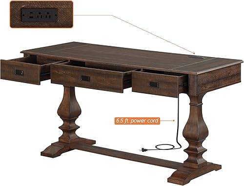 Miniatura 9 de WAMPAT 60-inch Vintage Wood Home Office Desk with Stable Solid Wood Pedestral Legs, Tradional Rustic Executive Desk with Deep Drawers and Power