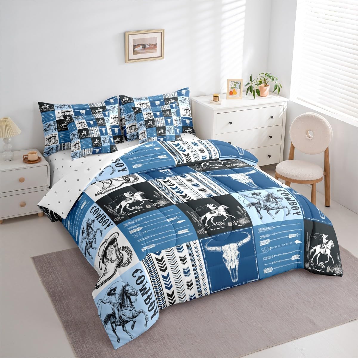 Manfei Western Cowboy Comforter Set 7 Pieces, Bull Skull Horse Arrow Print Bedding Full, Blue Lattice Patchwork Bed Set with 1 Comforter,1 Fitted Sheet,1 Flat Sheet,2 Pillowcases,2 Throw Pillow Cover