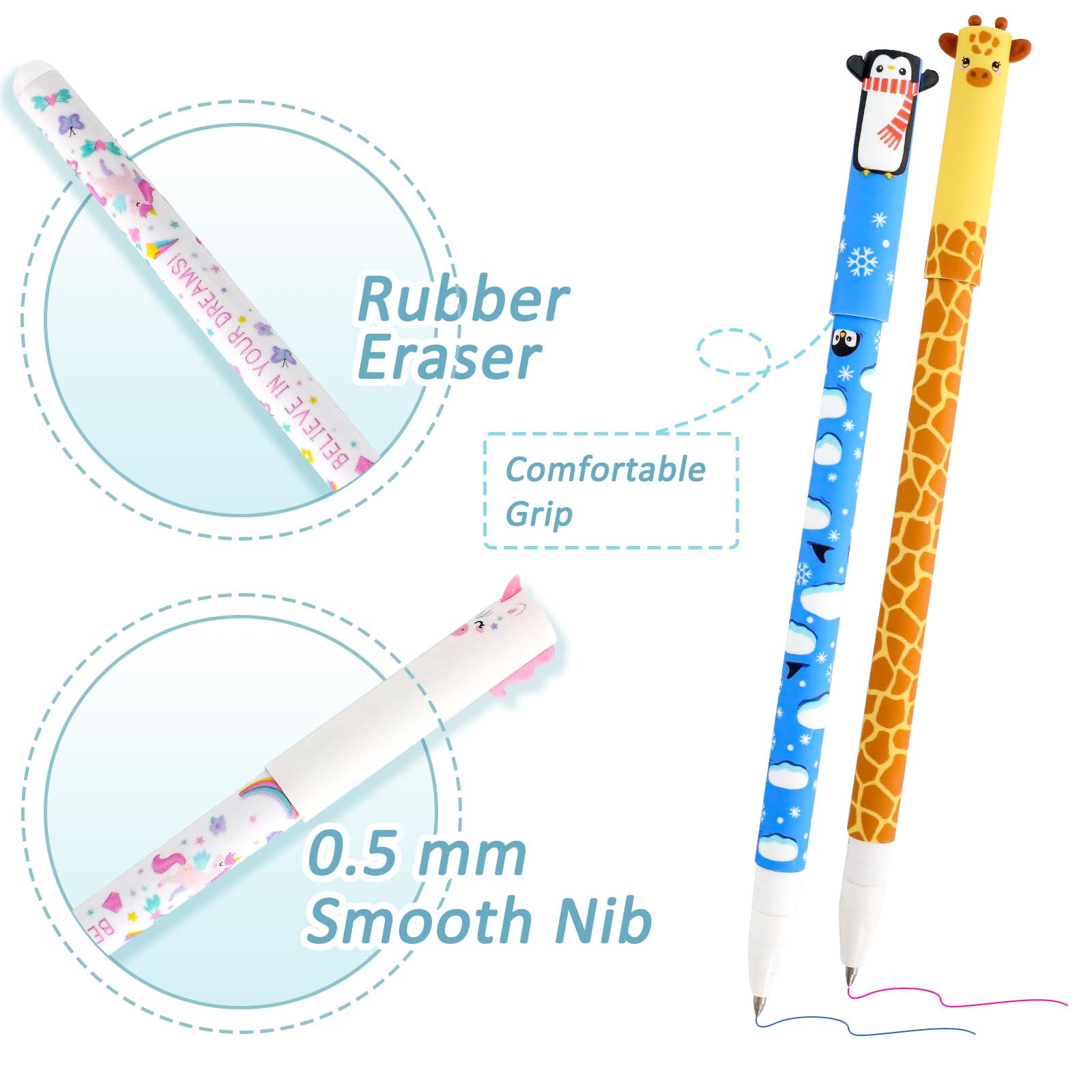 Set di penne gel cancellabili con testa di animale, punta da 0,6 mm, inchiostro sensibile al calore, penne cancellabili come regalo per Natale, compleanno o ufficio