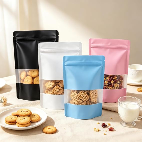 50pcs Mylar Bags,Black Stand up Pouches with Window,Smell Proof Bag 14x20cm