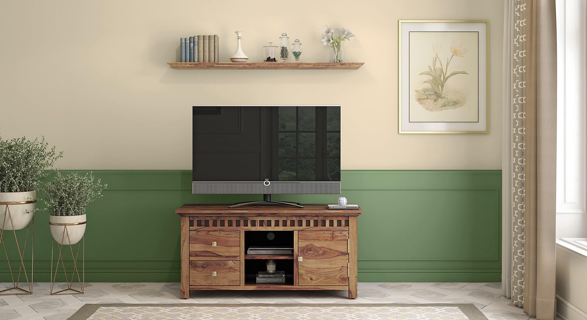 Levon Artisan Solid Sheesham Wood TV Unit with Storage Cabinet, Drawers & Open Media Shelves Rustic Modern Entertainment Console Natural Honey Finish-image-10