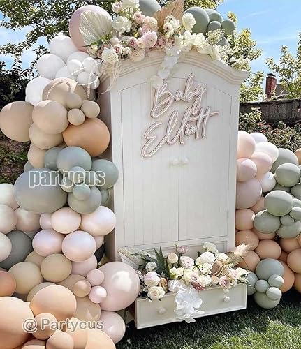 Miniatura 2 de Guirnalda de globos de color verde polvoriento, doble relleno, color marrón rubor, crema, arena, blanco, neutro, mate, kit de arco de globos para