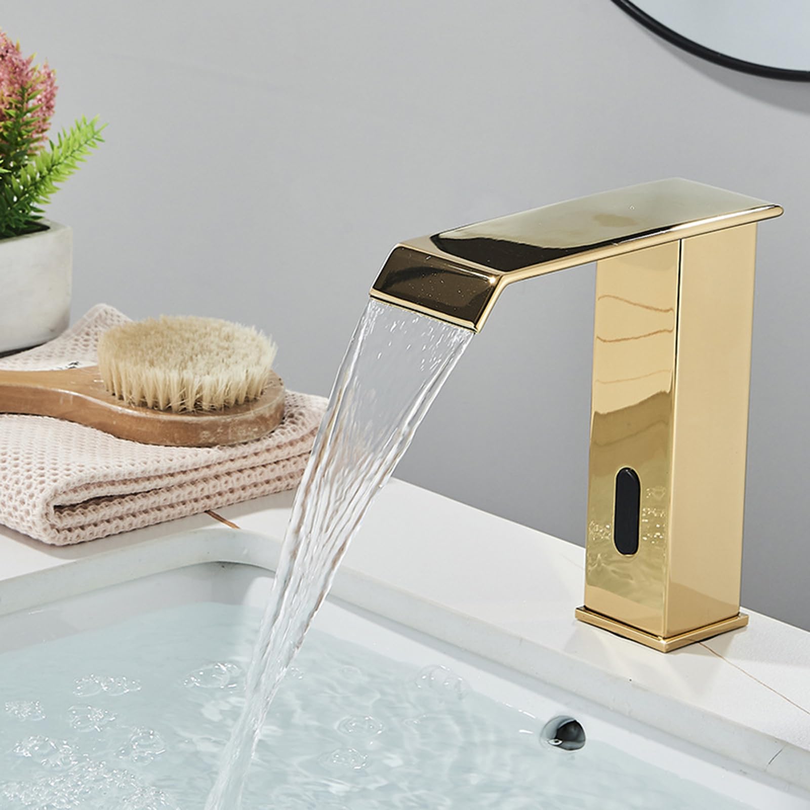 Grifo de baño automático con Sensor infrarrojo, sin Contacto, de latón Dorado, Mezclador para Lavabo, ecológico, con diseño de Cascada, Moderno y de fácil instalación para baños con Estilo.