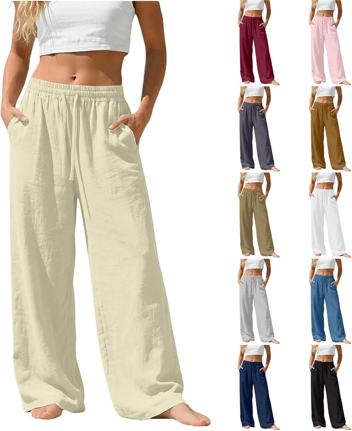 Wide Leg Linen Pants Women - Flowy Palazzo Casual Summer 2026 Loose Fit Elastic High Wasisted Beach Vacation Trousers