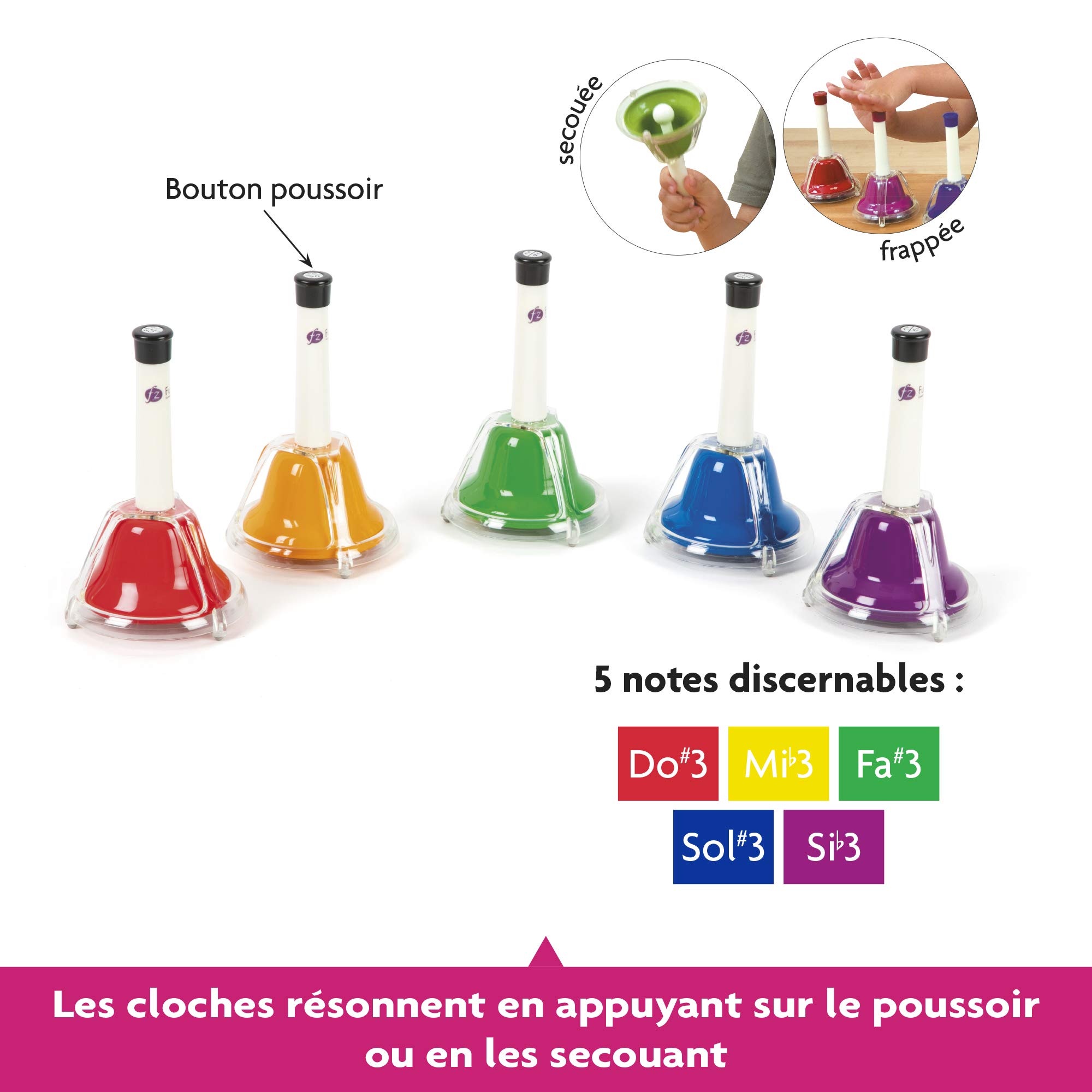 FUZEAU 70609 - Juego de 5 campanas afinadas, 2 en 1, para sacudir a golpear, 1 color = 1 nota - Originales - Coloridas