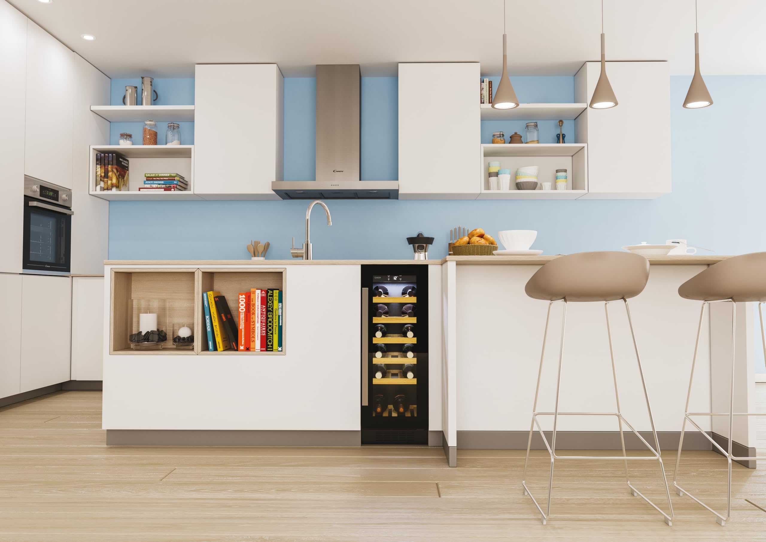 CANDY DiVino Cantinetta Vino da Incasso, 20 Bottiglie, 1 Zona, con Vetro Anti-UV e Filtro ai Carboni Attivi, 6 Ripiani in Legno, Luce LED Interna, Classe F, 29,5 x 57,5 x 81,3 cm, Nera - CCVB 30/1