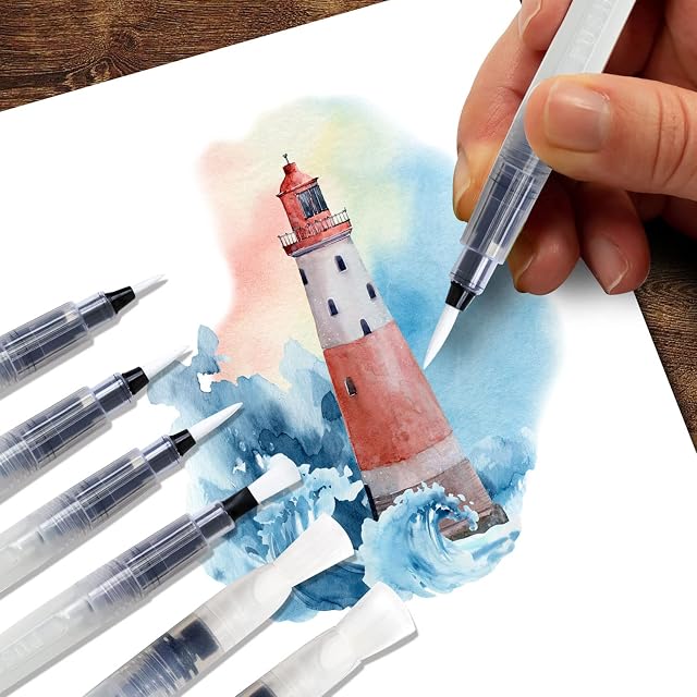 Stationery Island Aqua Brush Pen  Watercolour Brushes Pack of 6- Assorted Synthetic Nibs Refillable Water Paint Brushes for Watercolour and Calligraphy  Use Together with our Watercolour Brush Pens