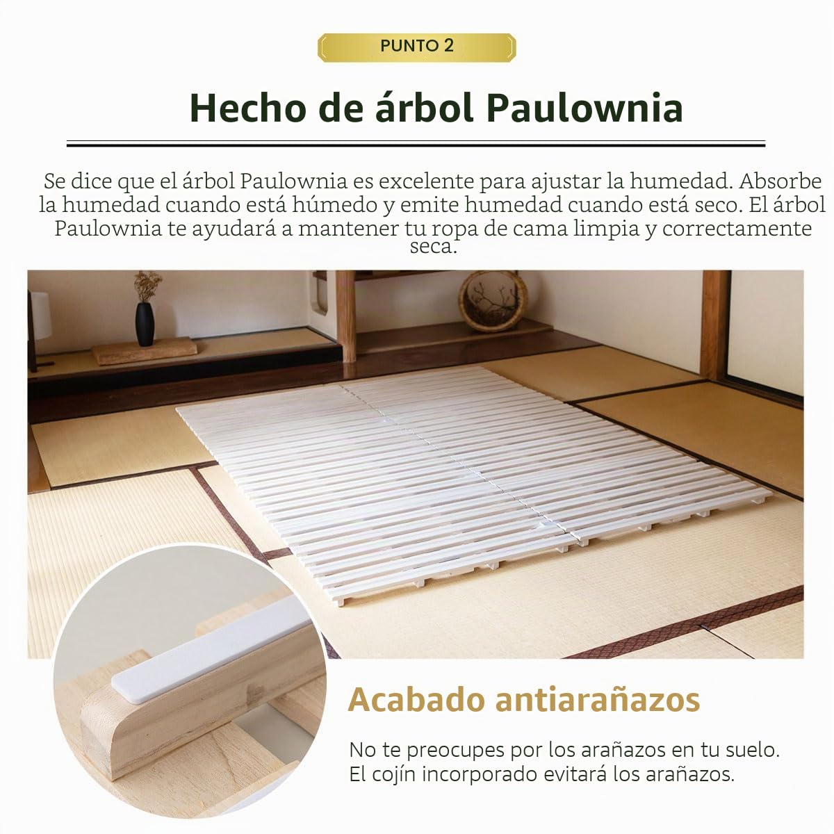EMOOR Cama Láminas Plegables de Madera Franco-Roll 160 x 200 cm para Futón Japonés (Natural), Paulownia sin Pintar Minimalista Tatami Dormir en Suelo