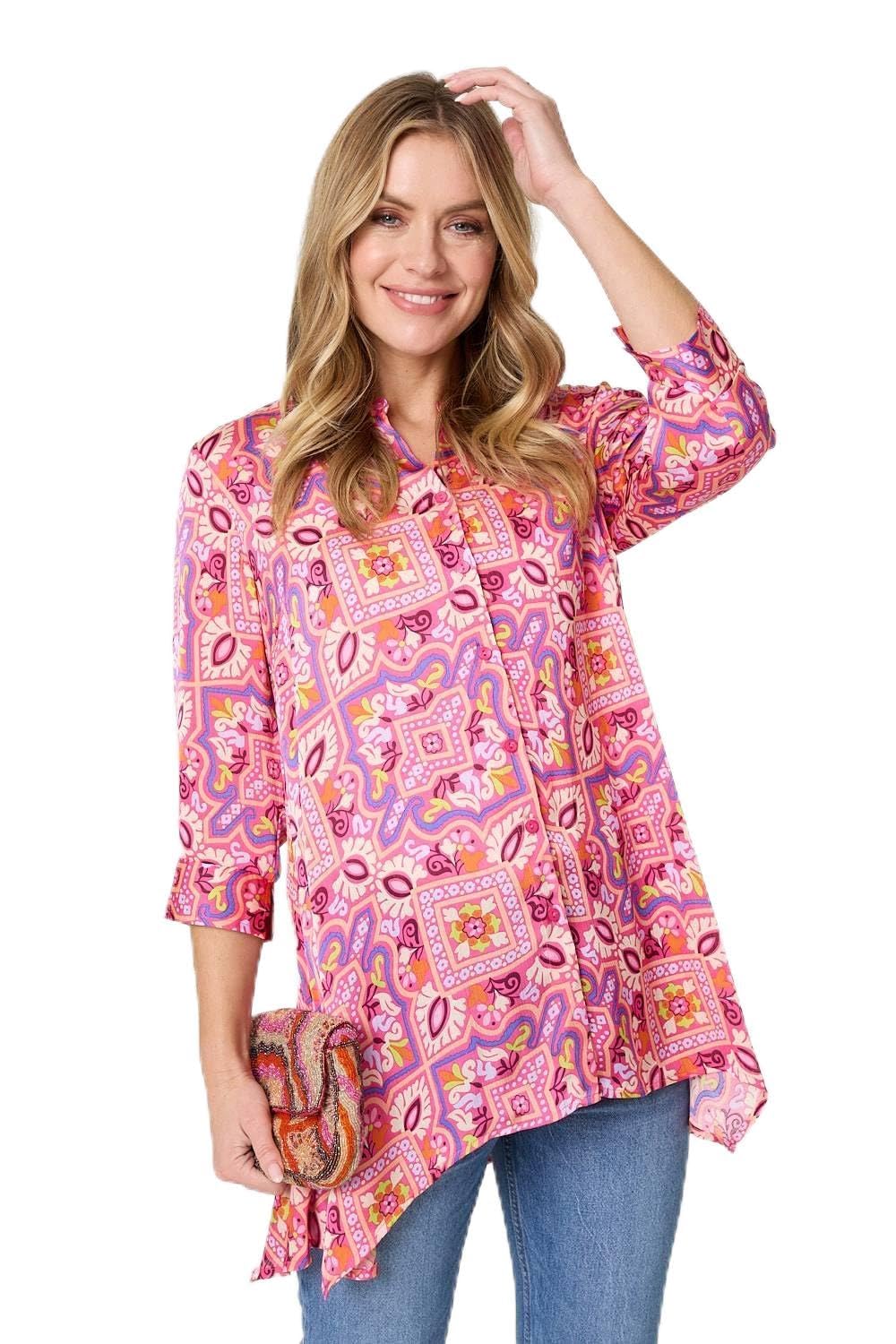 Izabel London Women's Mosaic Print 3/4 Sleeve Longline Blouse in Pink | Size: 8