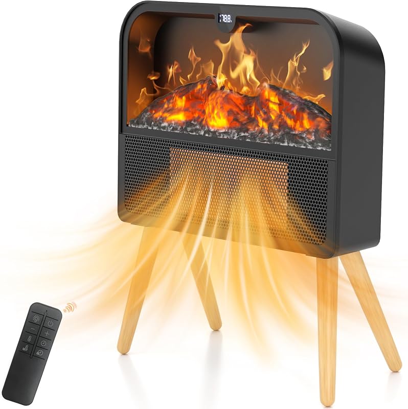 Electric Fireplace Heater, Ultra-Thin Electric Fireplace Stove with Realistic Flame & Solid Wood Stand, 17" Portable Space Heater for Small Space with 1-12H Timer, 59℉ to 95℉, 1500W