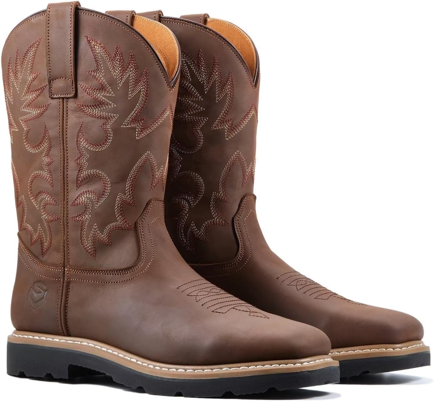 SUREWAY Mens Western Square Toe Cowboy Boots for Men,Soft/Steel Toe Full Grain Leather Slip On Pull On Work Boots for Construction Farming - Image 4