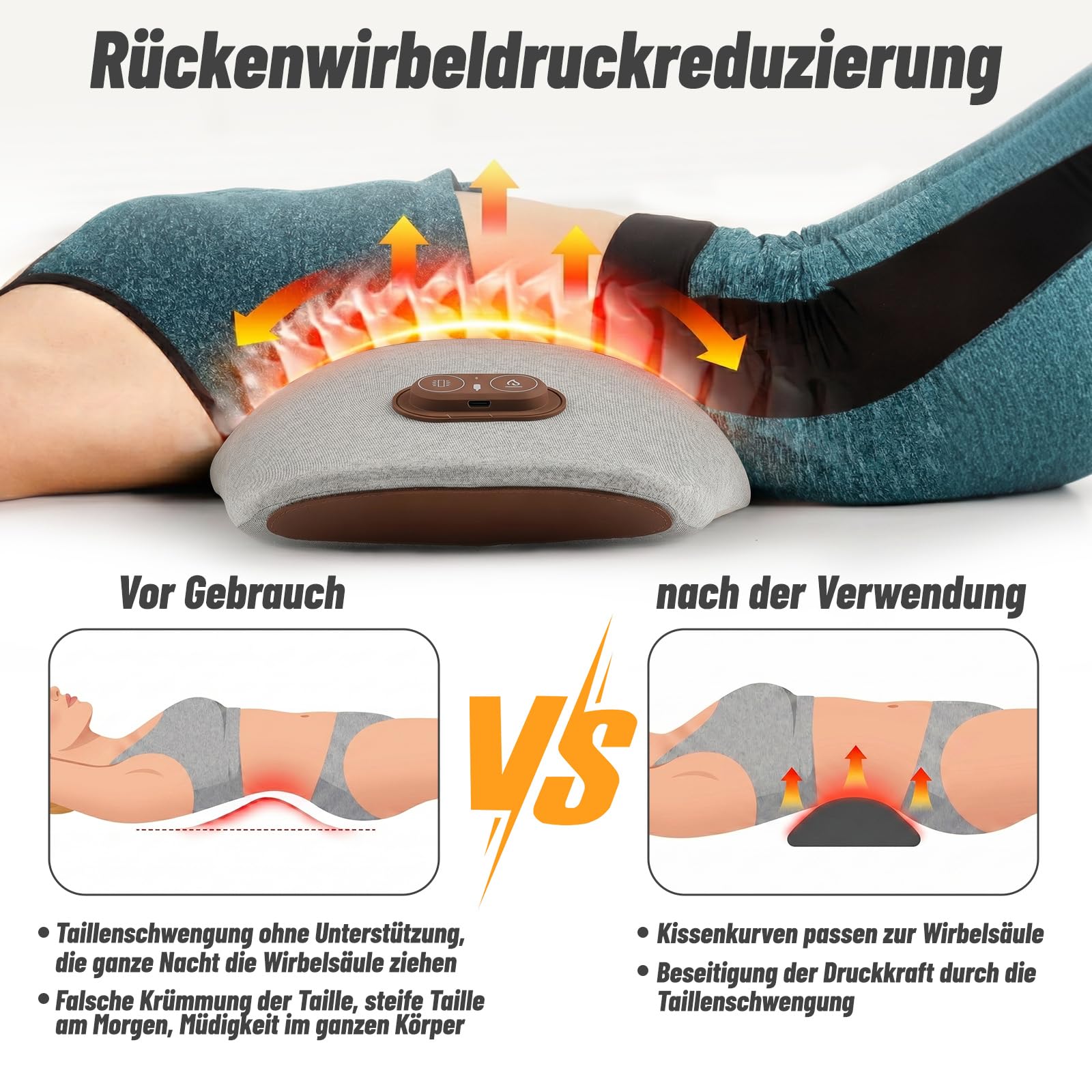 Rückenmassagegerät,Massagekissen Lendenwirbelkissen mit Wärme- und Vibrationsmassage,5-Sekunden-Memory-Schaum,26° Lendenstütze,Ergonomisches Rückenkissen für Bürostuhl, Auto, Bett und Sofa,Spacegrau