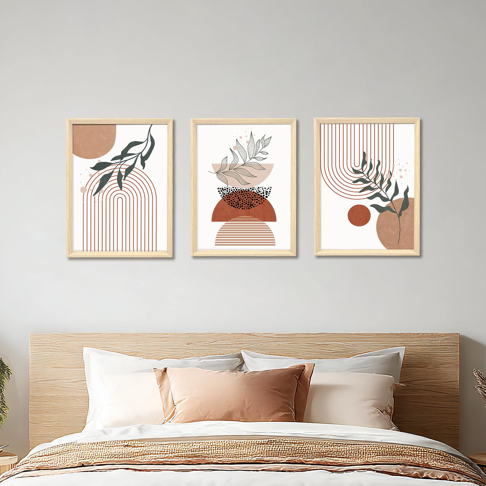 3 Pcs Wooden Framed Canvas Wall Art Set Bohemian Sage Green Canvas Prints Poster Geometric Line Beige Green Pictures for Living Room Bedroom Dinning Room Hallway Stairs Wall Decor 30x40cm x3pcs — view 359