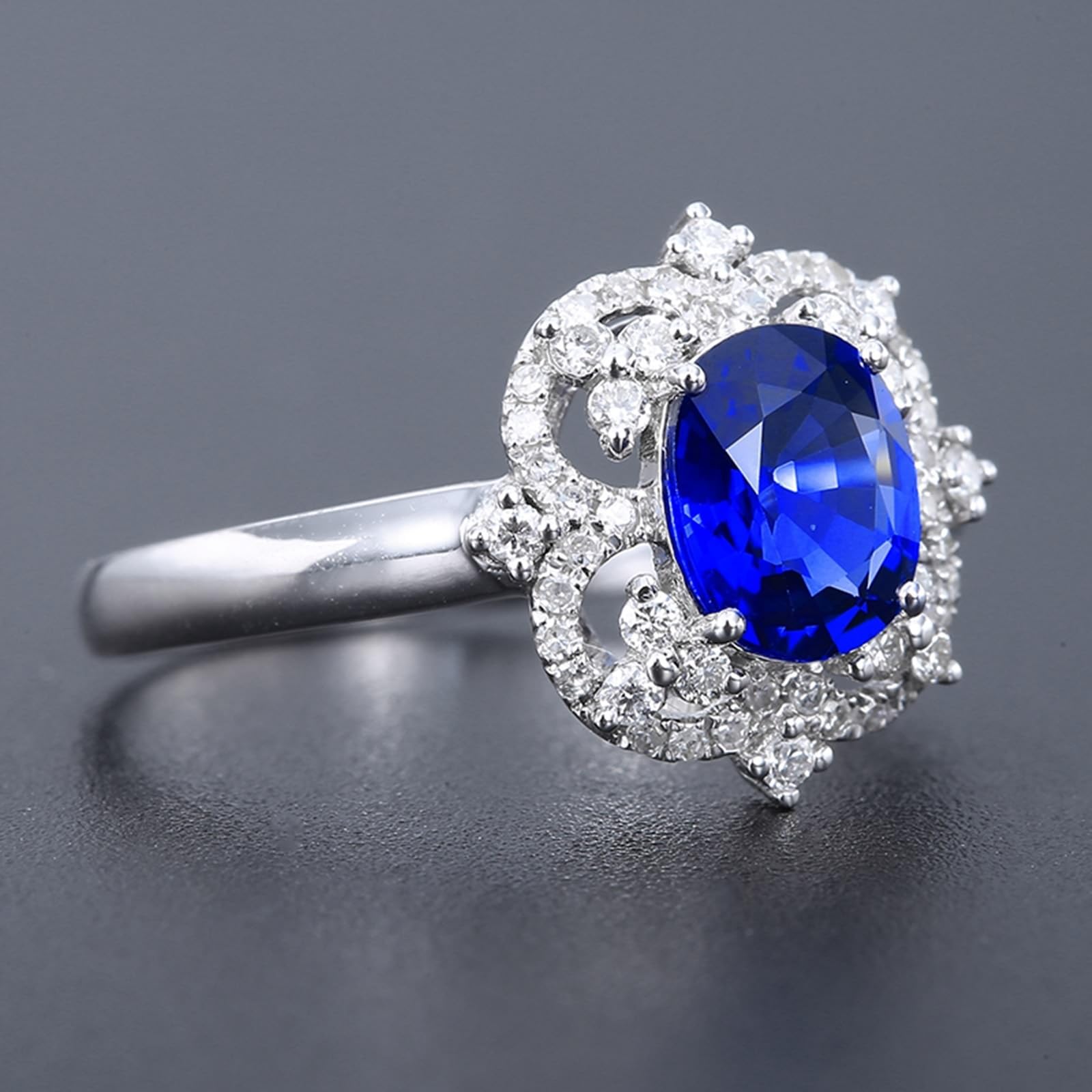 Anello celebrità in oro bianco 18 carati blu zaffiro ovale, fedi nuziali ovali a forma di fiore con zaffiro da 1,26 carati e diamanti anelli da donna misura 14 (17,2), 14 (17,2), metallo prezioso,