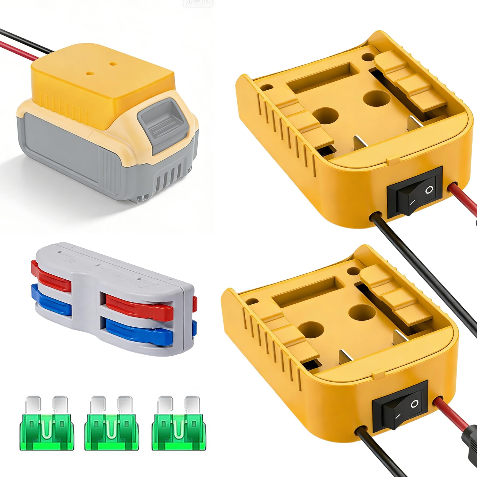 Lot de 2 adaptateurs Power Wheel pour batterie Li-ion Dewalt 18 V/20 V avec fusible et commutateurs, connecteur CC, câble 12 AWG, connecteur d'alimentation Dock pour voiture, robotique, bricolage