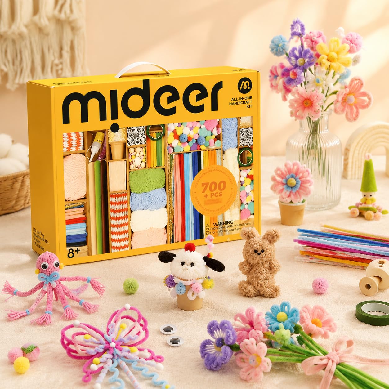 Qianly Bastelset für Jungen & Mädchen, über 700 Teile DIY Bastelkoffer mit Pfeifenputzer zum Basteln, Pompons, Holzperlen, Karton, Anleitung, Lernspielzeug