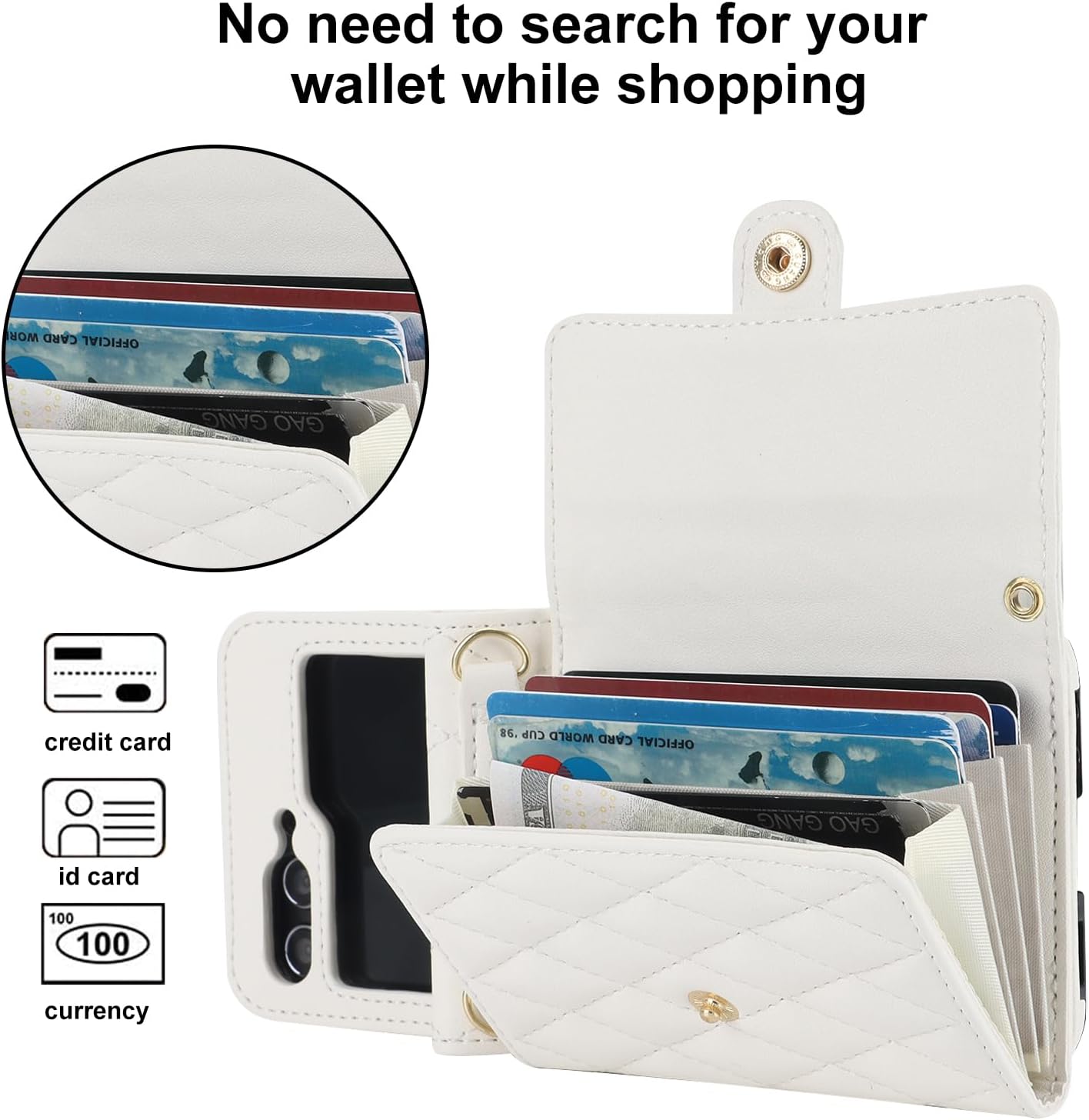 Phone Case for Samsung Galaxy Z Flip 5, Crossbody Wallet Phone Cover with Card Holders Cash Slot Wristlet Strap, Fashion Leather Handbag Flip 5 Phone Case for Women Girls (White)