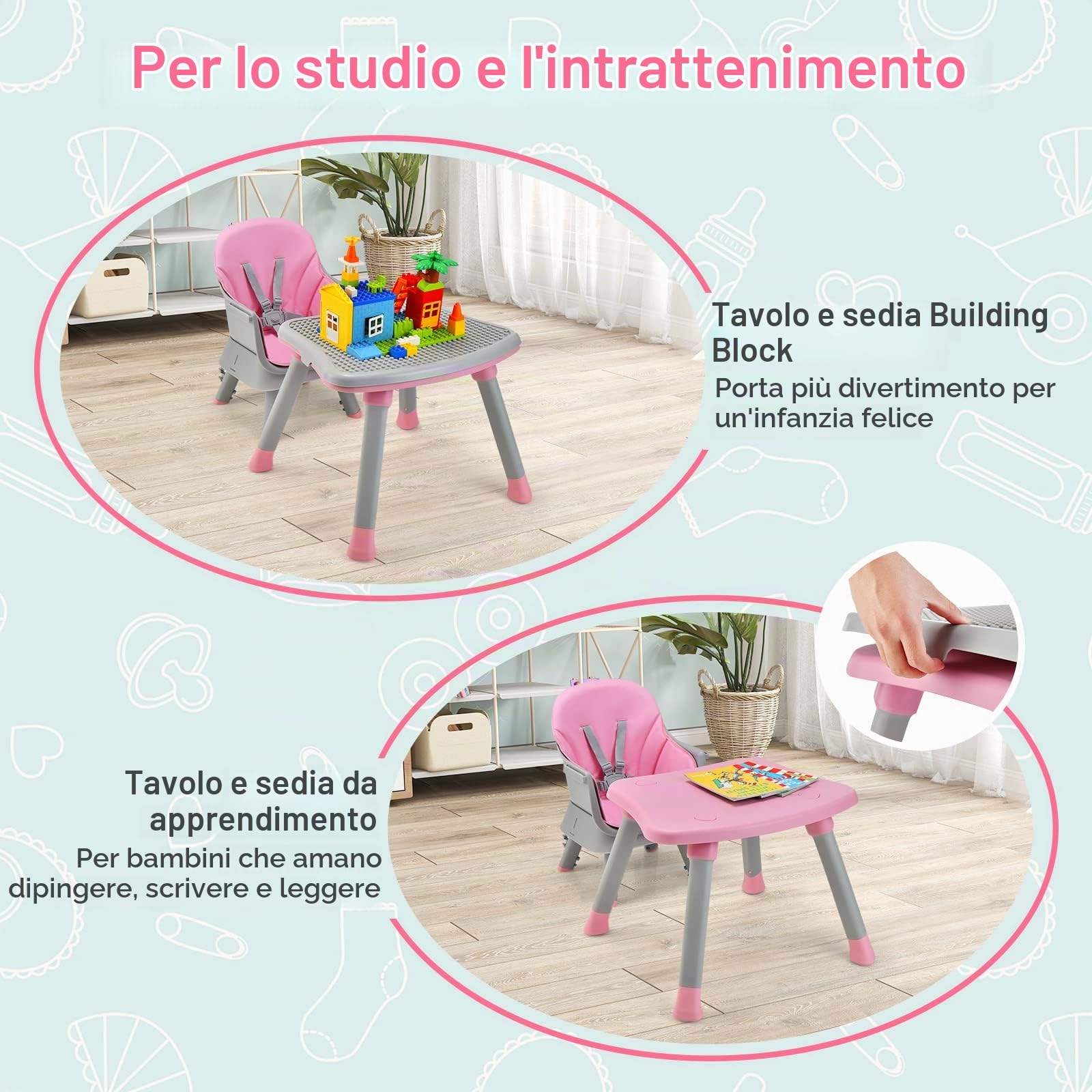 RELAX4LIFE 6 in 1 Seggiolone Pappa, Seggiolone Multfunzionale e Evolutivo con Imbracatura a 5 Punti, Vassoio Rimovibile e Regolabile, Tavolino e Sedia, per Neonati e Bambini 6-36Mesi, 25KG (Rosa)