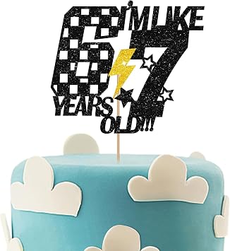 Funny 6 7 Cake Topper, Racing Six Seven Cake Topper, I was 6 Now Im 7 Cake Decoration for 7th Birthday/Gen Z Themed Party Supplies - Black Glitter
