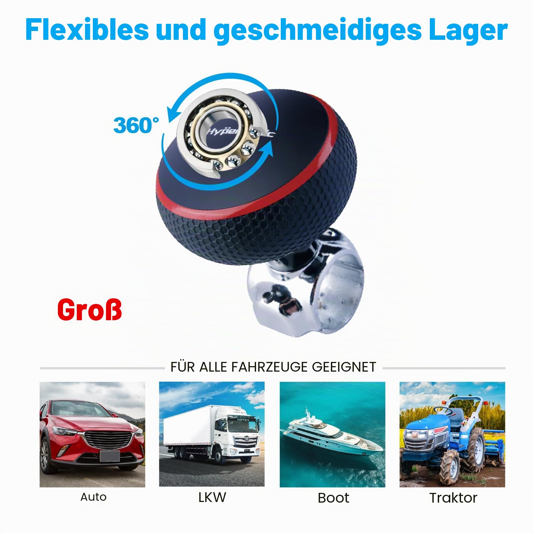 Hypersonic Großer Lenkradknauf, Lenkrad-Spinner, glatter und langlebiger Powergriff mit Kugellager, passend für Autos, LKWs, Traktoren, Boote, Rasenmäher und Gabelstapler (rot)