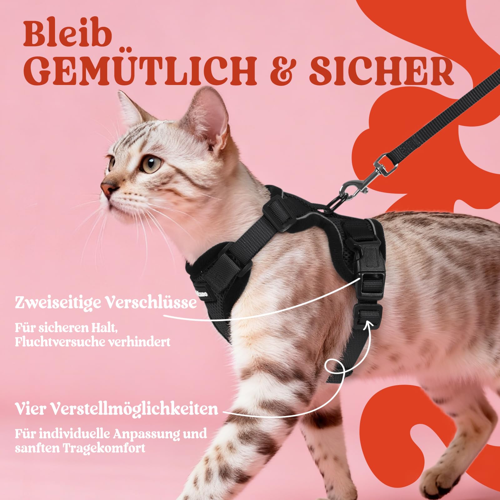 rabbitgoo ausbruchsicher Katzengeschirr mit Leine, XS, Schwarz | Verstellbare Passform, Klickverschlüsse, Allwetter-Mesh, Reflektierend, 1,5m Leine,für Kleine bis Normalgröße Spaziergänge