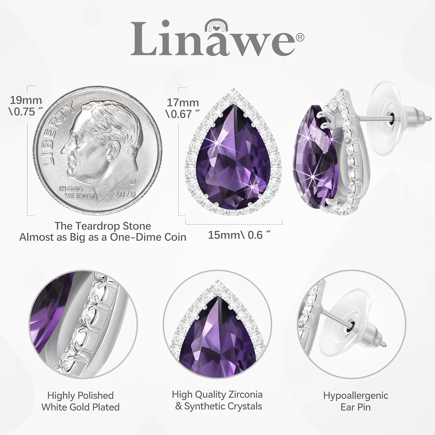 Linawe Women Stud Earrings, Teardrop Diamond Moissanite Cubic Zirconia Earrings Studs Rhinestone Jewelry Gold/Silver/Rose Gold - Image 2