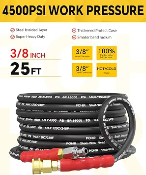 POHIR 3/8'' Pressure Washer Hose 25ft,4500PSI Power Washer Hose Steel Wire Braided with Swivel Quick Connect& 2PCS M22 Adapter, Commercial Grade Industrial High Pressure Water Washing Hose