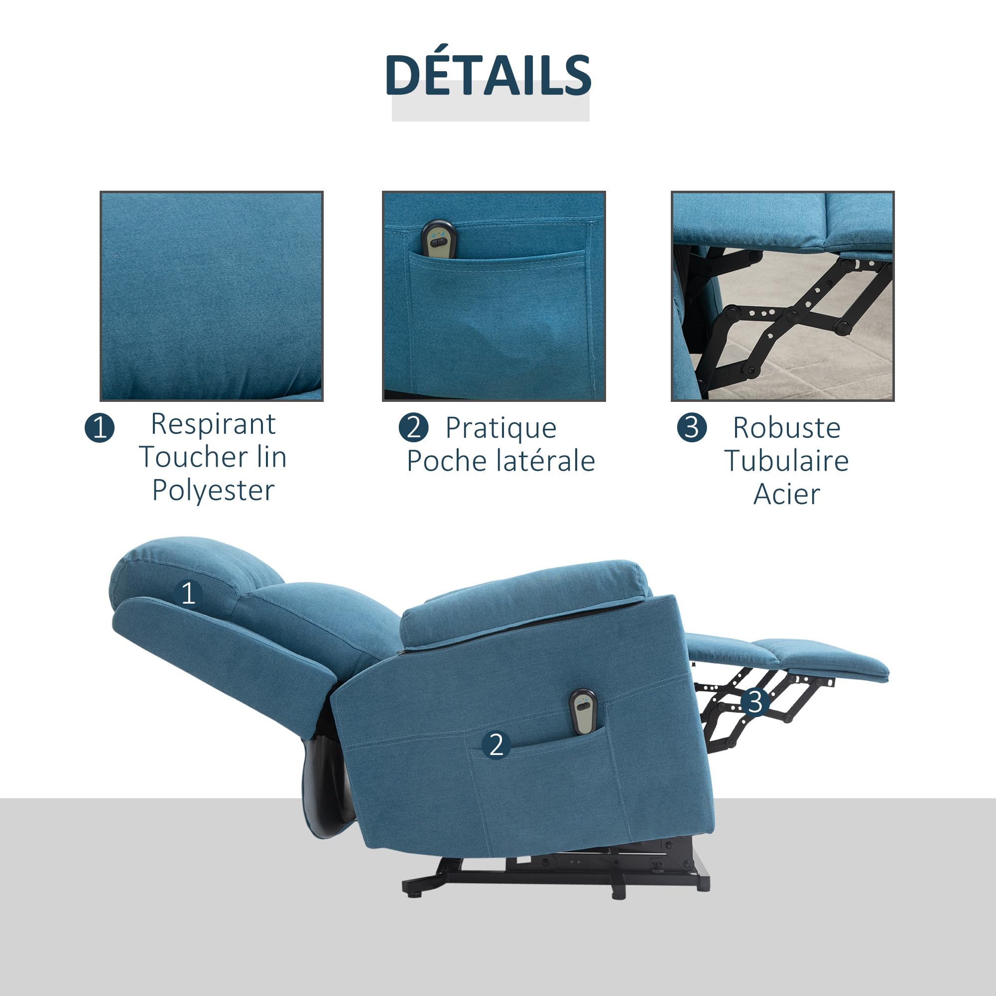 HOMCOM Fauteuil releveur électrique, Fauteuil Relax électrique avec Repose-Pied, Dossier inclinable, télécommande et Poche latérale Charge 120kg Tissu Aspect Lin Bleu