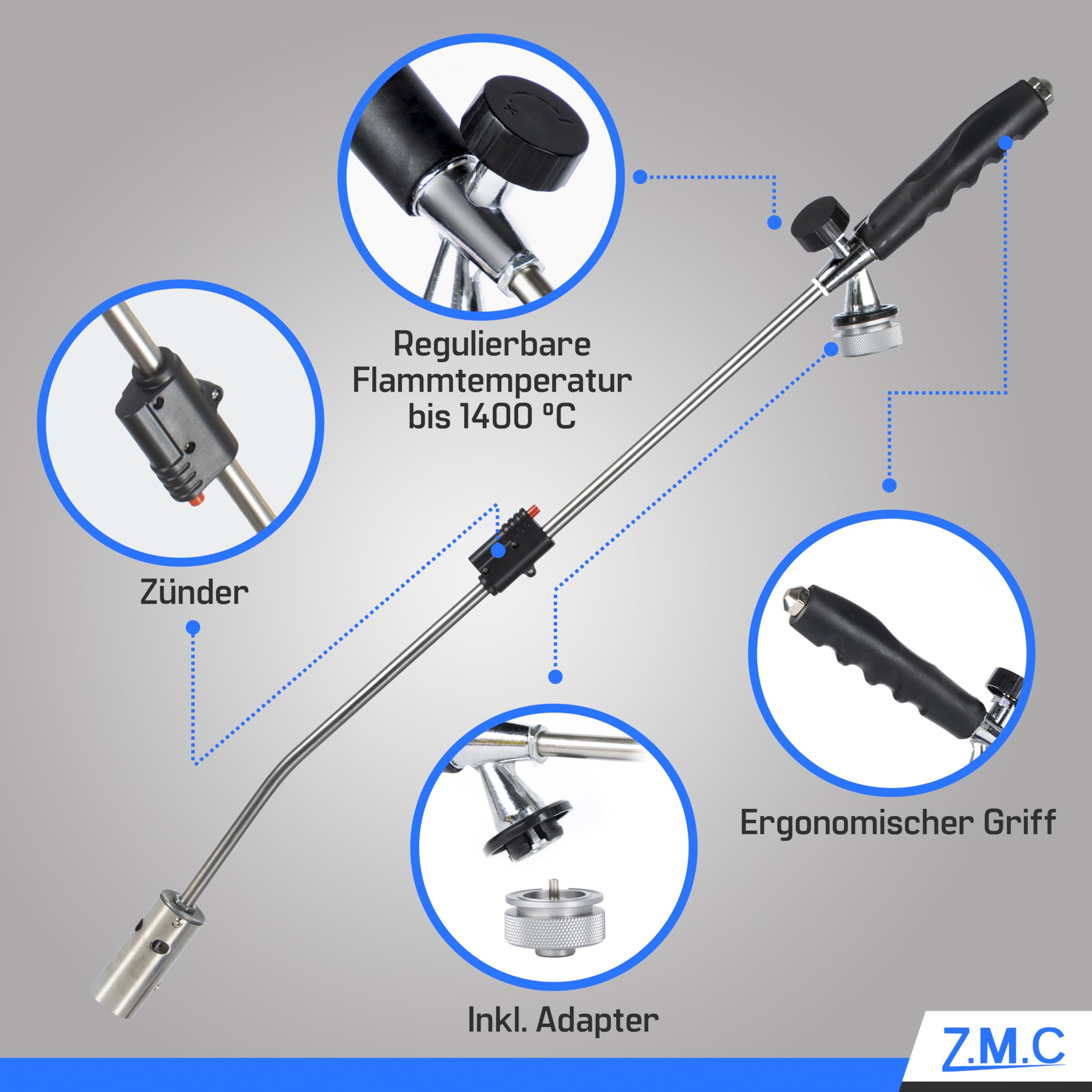 ZMC - Herbicida de 2,5 kW + 4 cartuchos de gas de 330 g, incluye adaptador para rosca europea, quemador de malas hierbas con encendido piezoeléctrico, dispositivo de combustión con potencia de llama