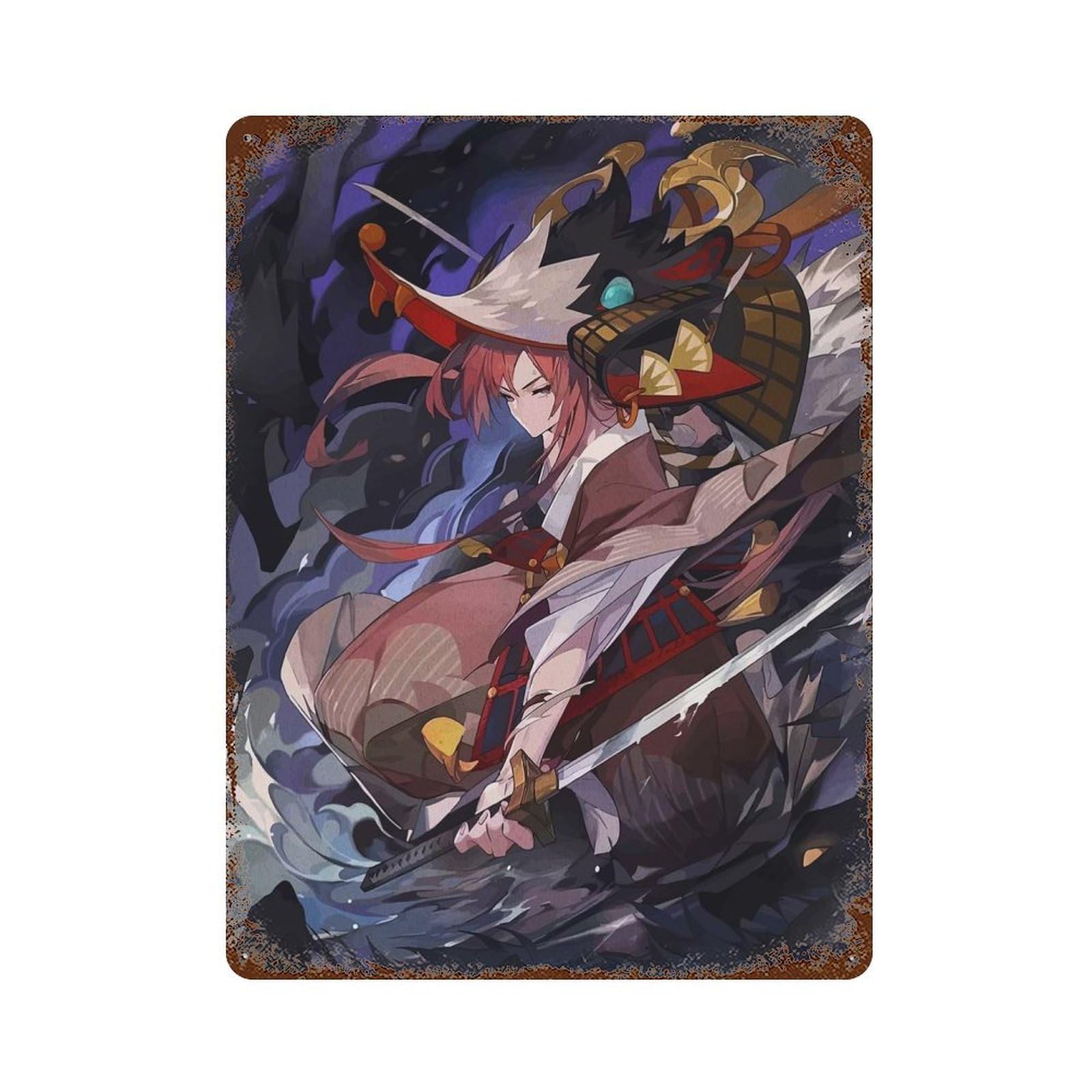 Anime Girl with Sword And Dragon Aged Metal Wall Plaque 15.7"x11.8", for Garage, Bar And Workshop Decor, Farmhouse Wall Decor