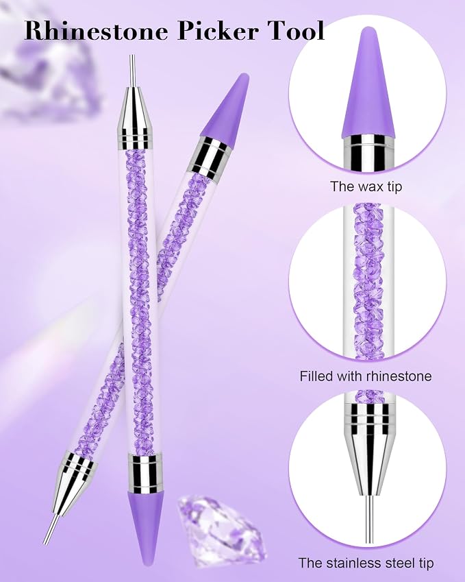 Rhinestone Picker Tool, 2 Rhinestone Dotting Tool Wax Pen Dual-Ended with 4PCS Replaceable Wax Tips and 1 Tweezer for DIY Nail Art Tool (A- Purple) miniatura 2