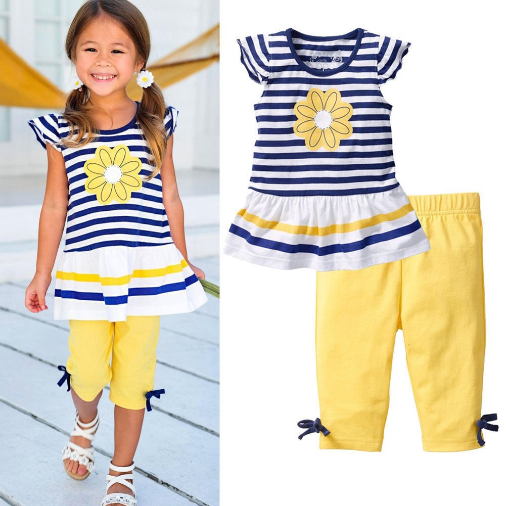 2Pcs Toddler Baby Girls Kids Ruffled Sleeve Striped Flower T-Shirt Tops +Shorts Pants Summer Outfits 1-8 Y (110/4-5Y, Blue+Yellow)