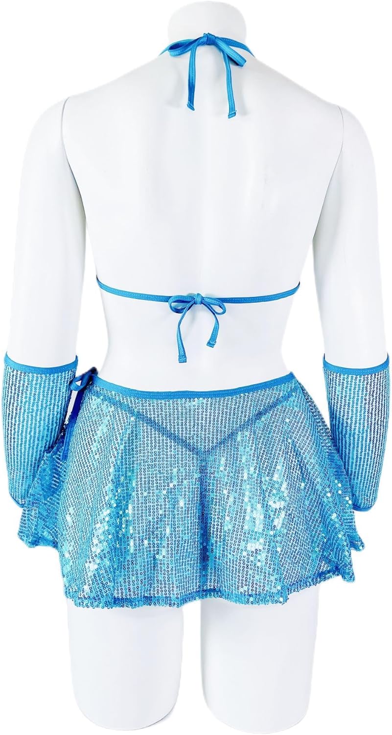 SIQITECHNO Womens Shiny Sequin Rave Outfits See Through Halter Bra Top Mini Skirt Lingerie Set Glitter Hologram Clubwear - Image 7