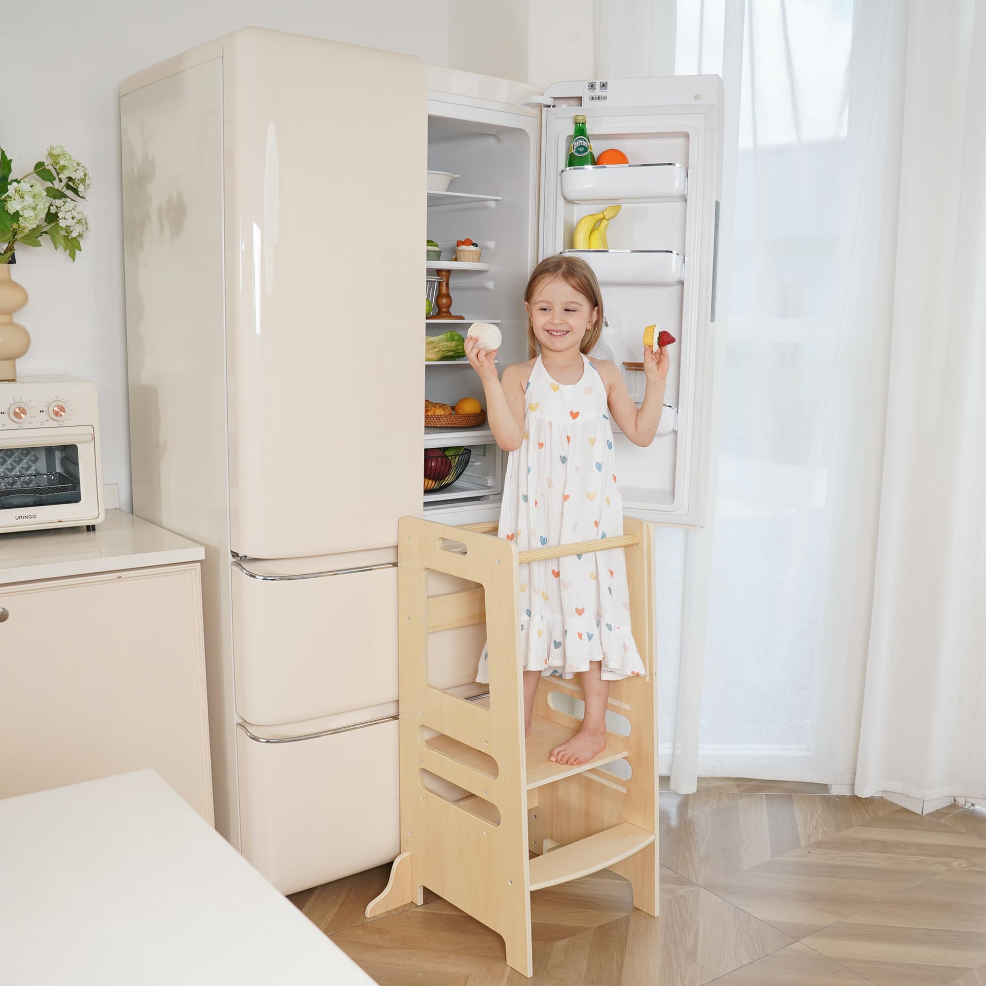 Torre Montessoriana in Legno per Bambini, Sgabello Aiutante da Cucina Regolabile per Età 1–5 Anni, Learning Tower con Barra di Sicurezza per Cucina e Bagno