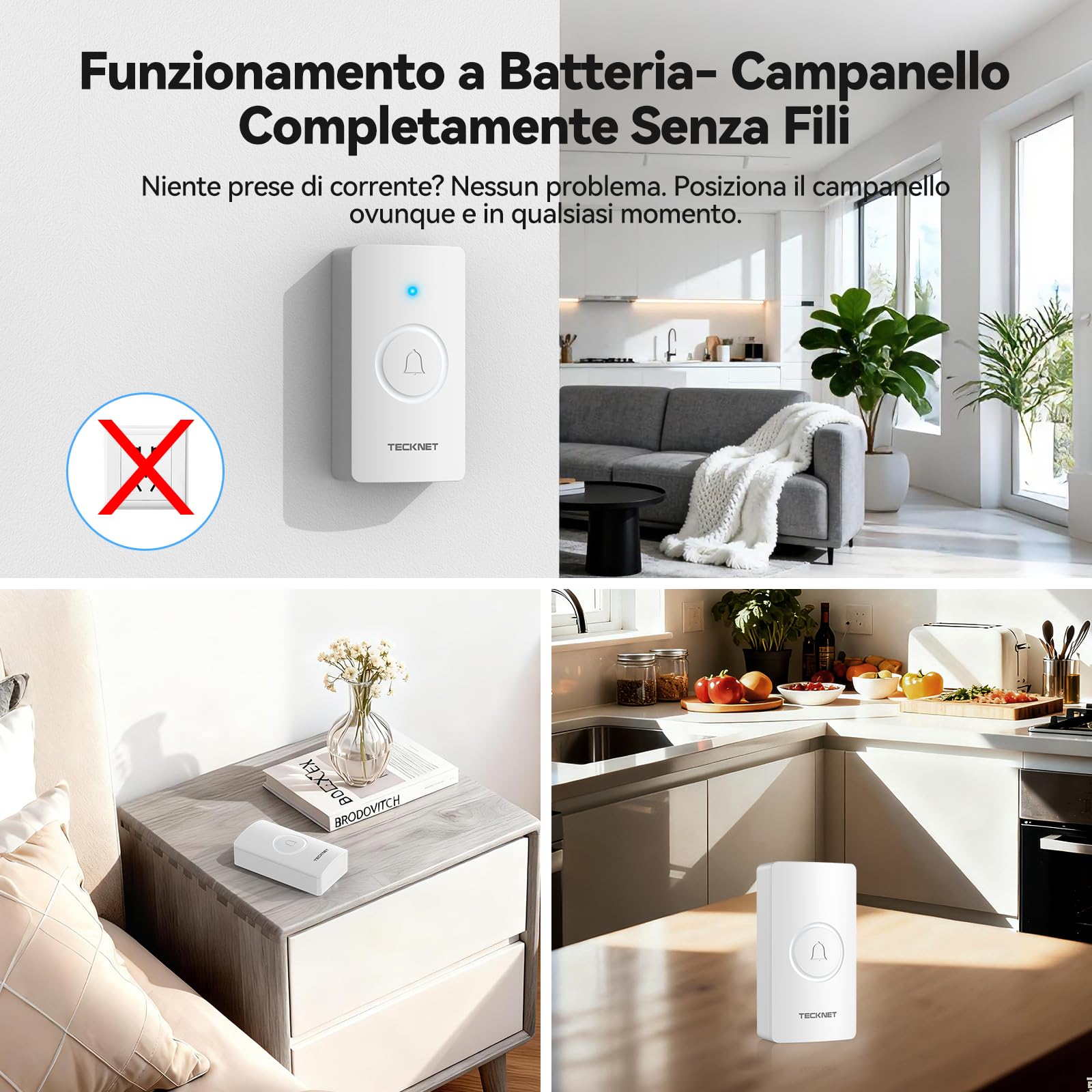 TECKNET Campanello Senza Fili, IP67 Campanello Impermeabile, 400M Campanello Senza Fili da Esterno, Kit Campanello Wireless Che Include 3 Ricevitore 1 Trasmettitori,5 Livelli di Volume e 60 Melodie