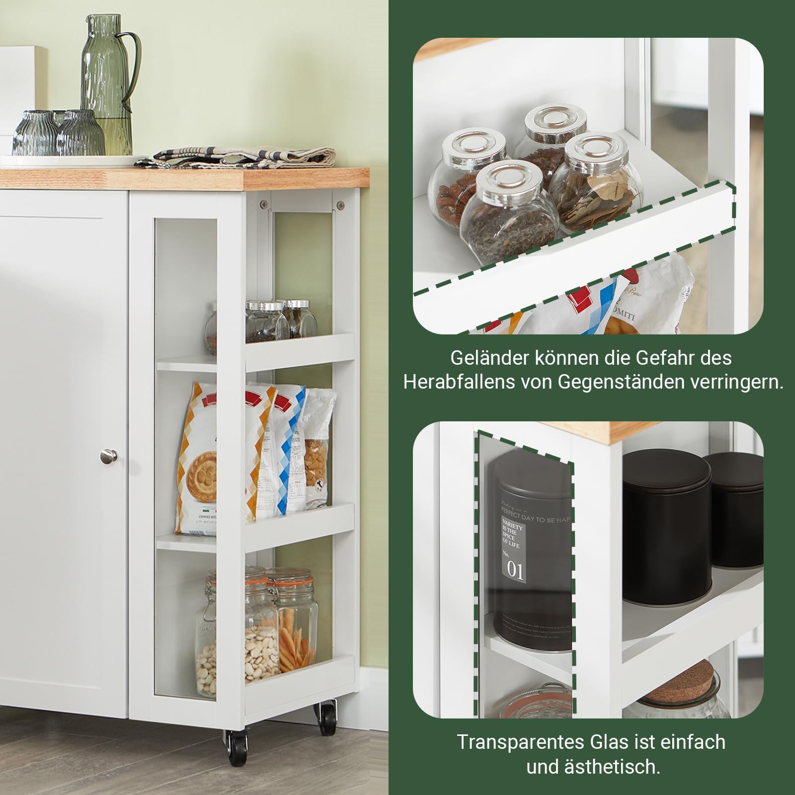 SoBuy Küchenwagen mit 3 Ablagen, Arbeitsfläche und Schrank – Servierwagen für Küche, Wohnzimmer & Esszimmer – Perfekt für kleine Räume, Weiß-Natur 60x90x40cm FKW75-WN