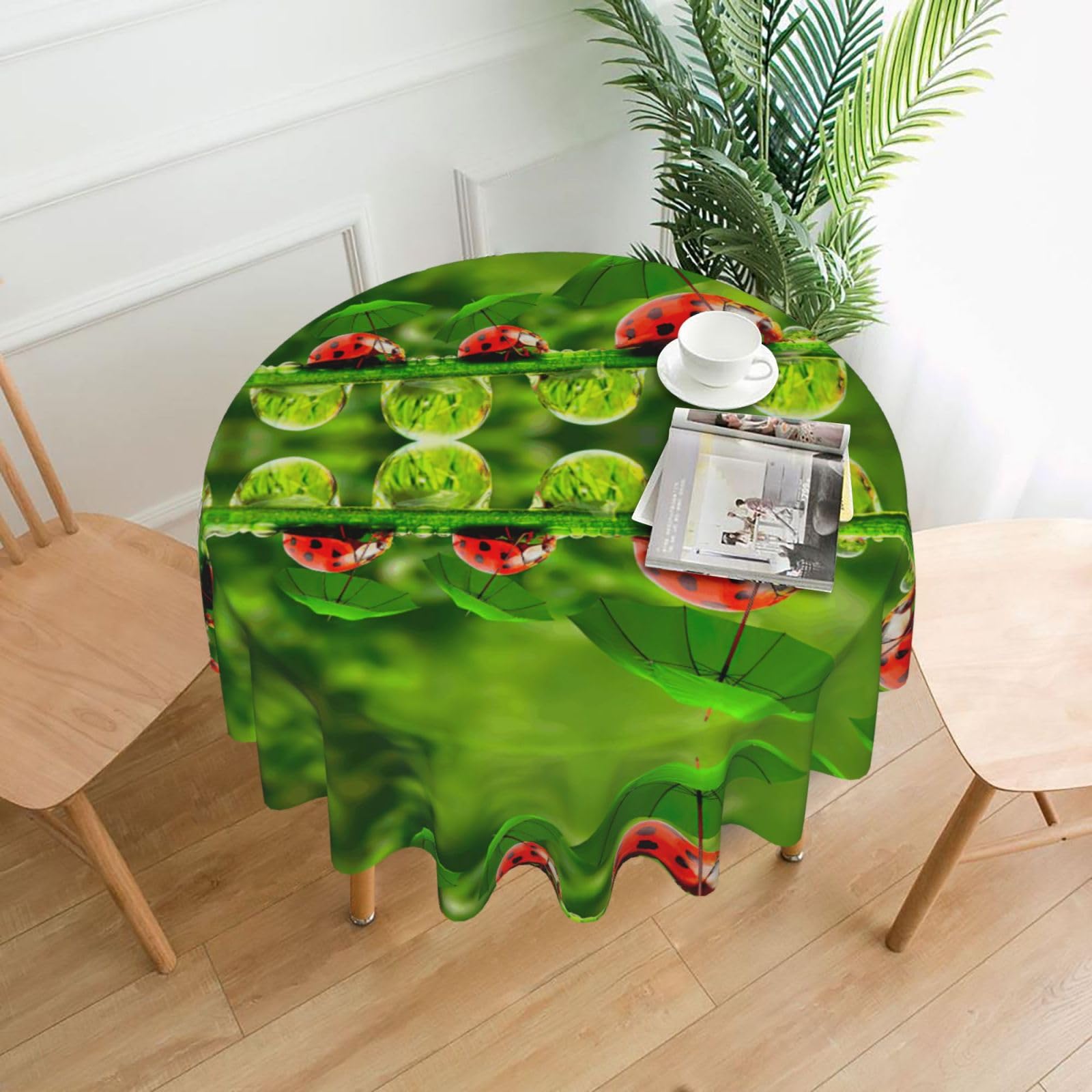 Zcmkjlg Funny Ladybug Holding Umbrellas Print Quick Ship Round Tablecloth 60in Polyester Washable Cover for Dining Room