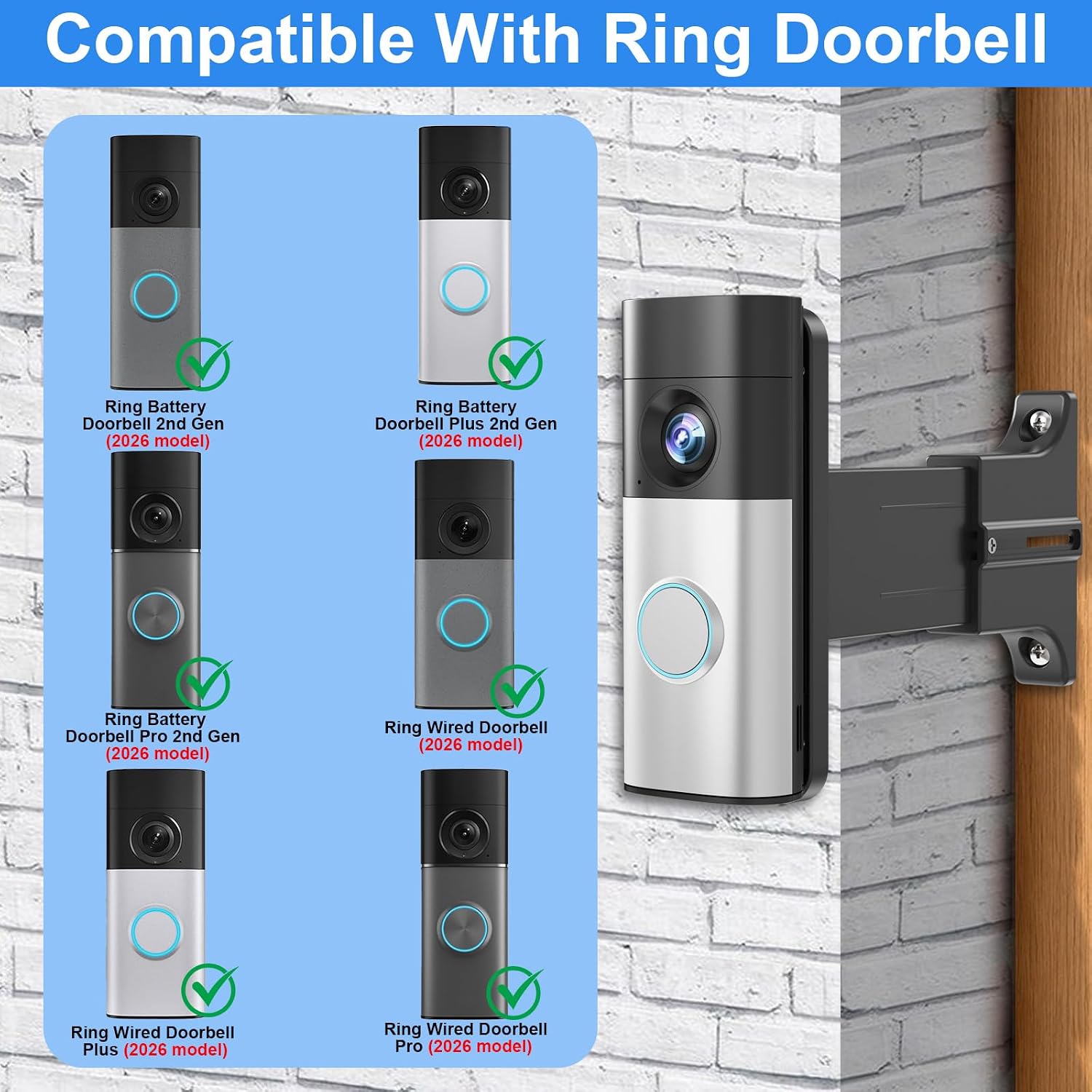Adjustable 2" to 4.7" Doorbell Extender Mount for Ring Newest 2026 Battery Doorbell/Plus/Pro & Wired Doorbell/Pro/Plus, Doorbell Angle Mount, Brick Wall Mounting Bracket Holder for Wider View