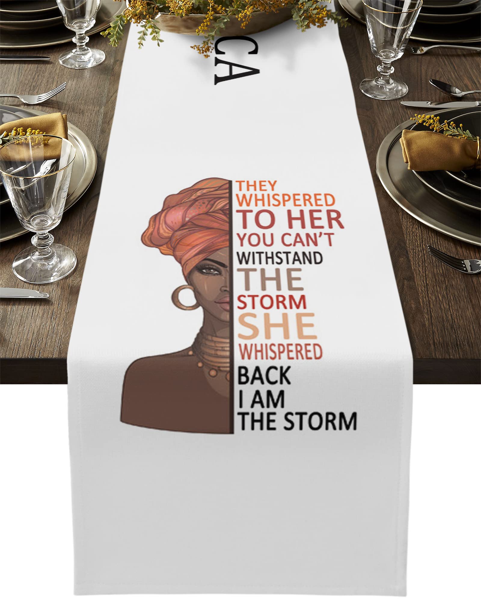 Table Runner Linen Cotton Dresser Scarves Ethnic African Black Girl Rectangle Burlap Table Runner for Farmhouse Kitchen Dining Wedding Event Party Decor Exotic Afro Woman Energy Quote 13x36in